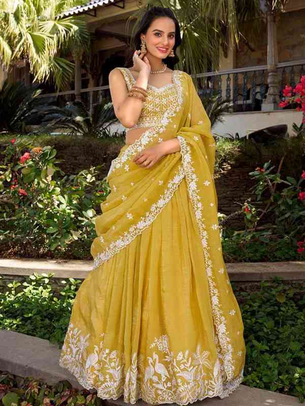 Mustard Yellow Embroidered Lehenga Set with Sheer Dupatta - Image 4