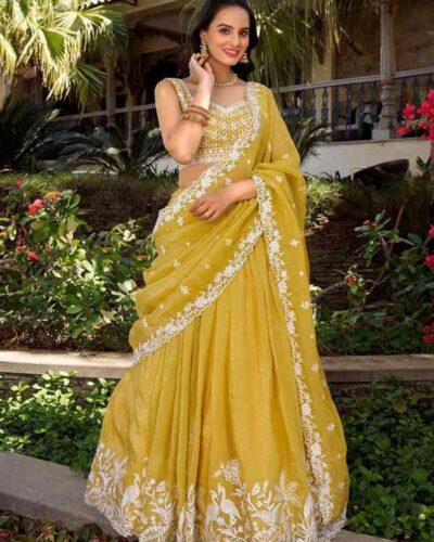 Mustard Yellow Embroidered Lehenga Set with Sheer Dupatta