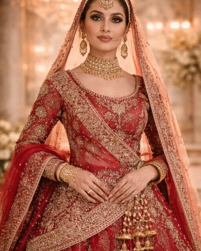 Classic Red Bridal Lehenga with Intricate Gold Zardozi Work