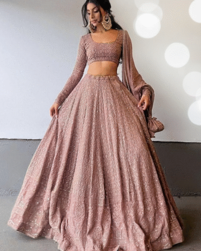 Blush Rose Embroidered Lehenga Set with Full-Sleeve Blouse