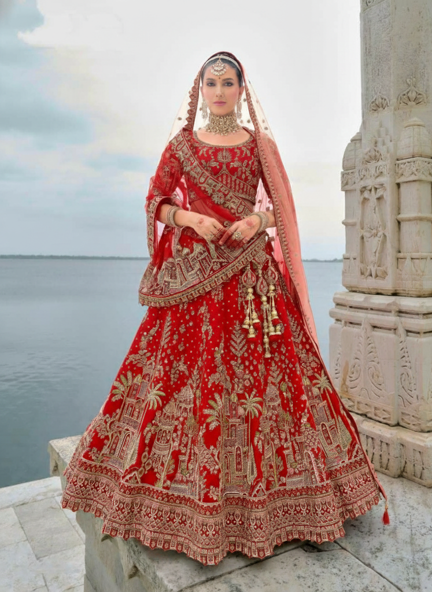 Classic Red Bridal Lehenga with Intricate Gold Zardozi Work - Image 2