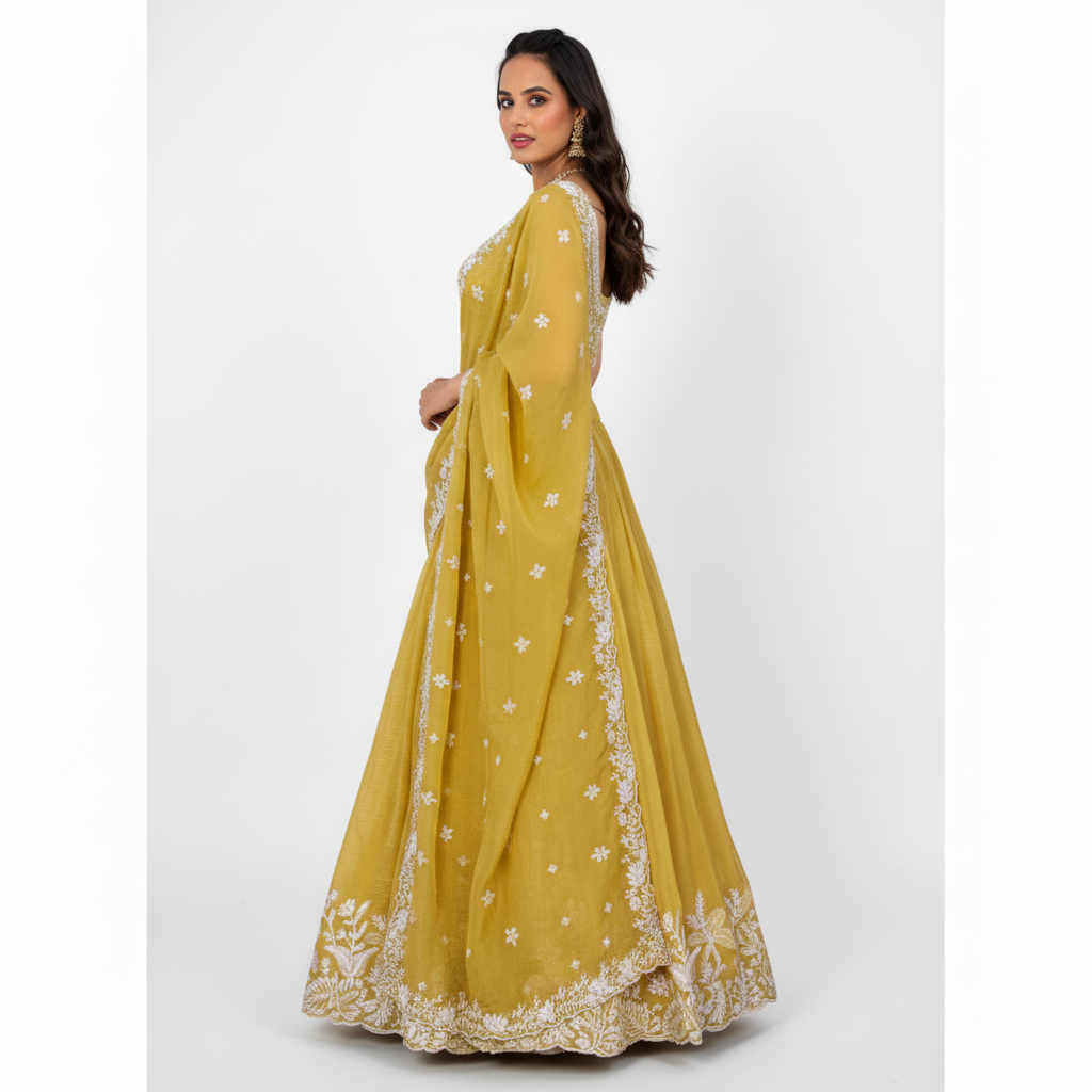 Mustard Yellow Embroidered Lehenga Set with Sheer Dupatta - Image 3