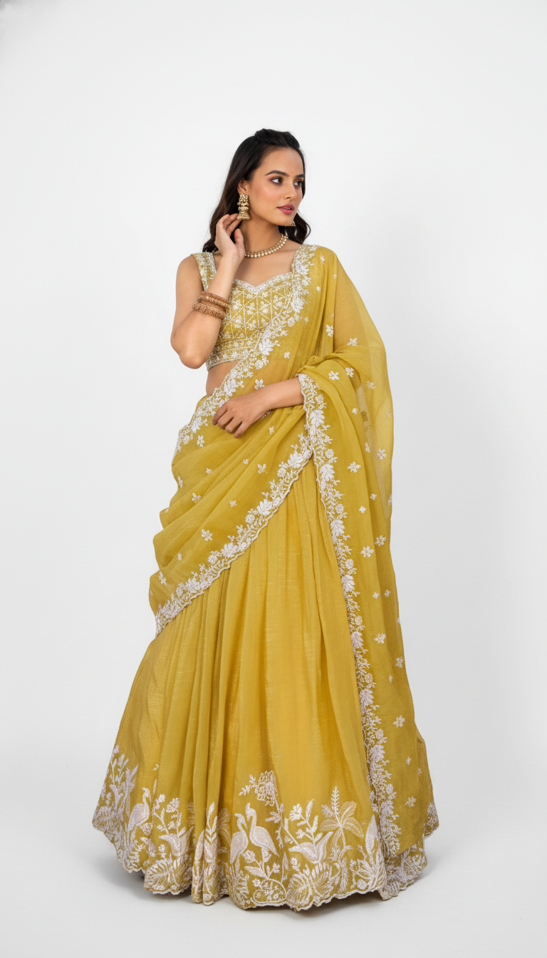 Mustard Yellow Embroidered Lehenga Set with Sheer Dupatta - Image 2