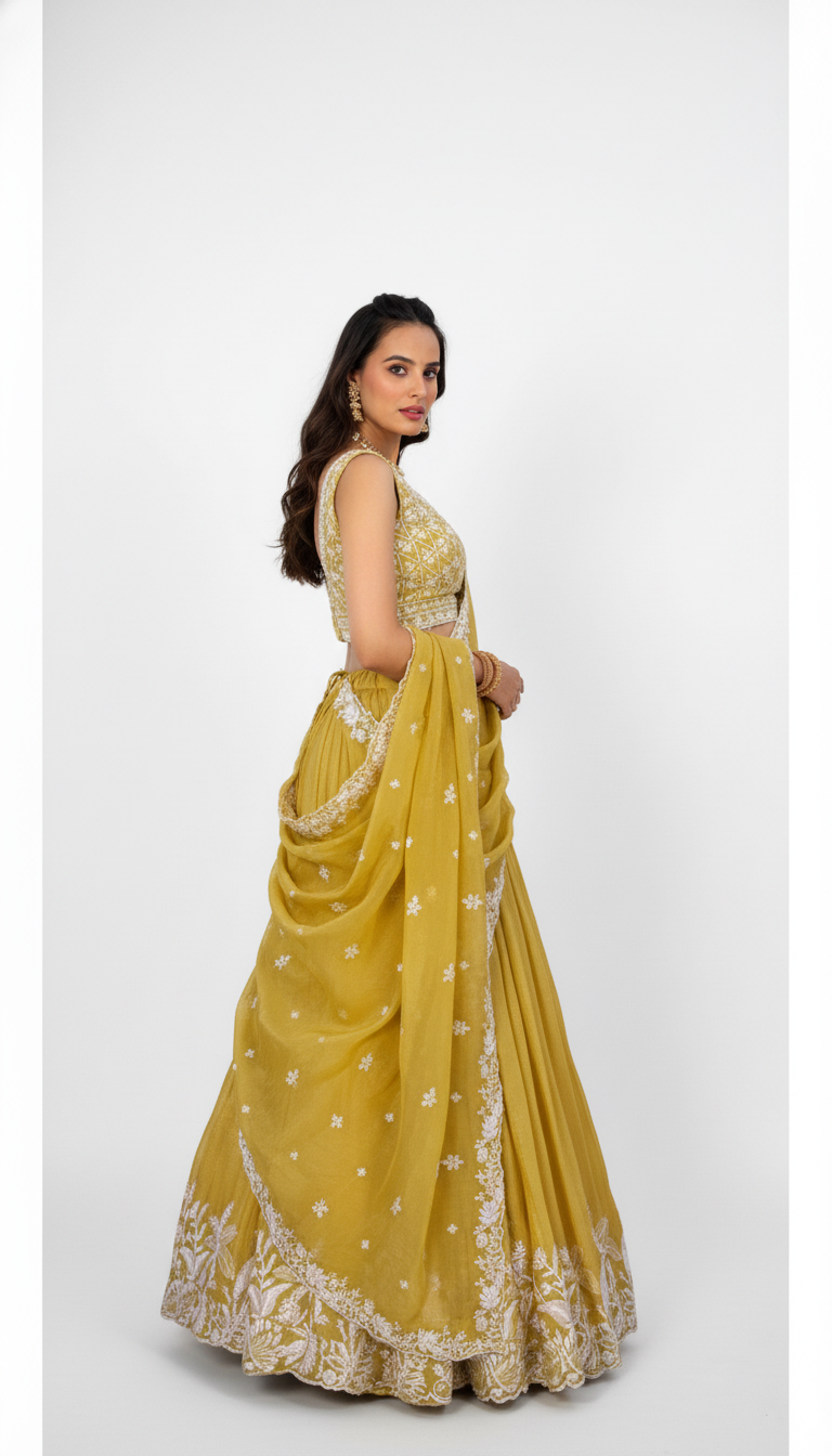 Mustard Yellow Embroidered Lehenga Set with Sheer Dupatta - Image 5
